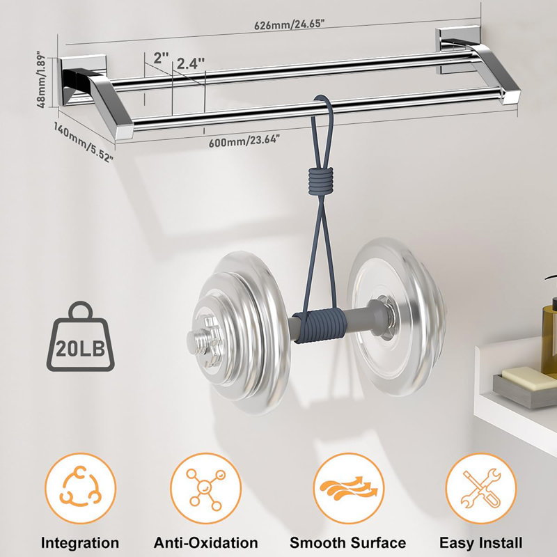 Porte-serviettes double 24 po en acier inoxydable robuste pour salle de bain SUS304, Chrome poli