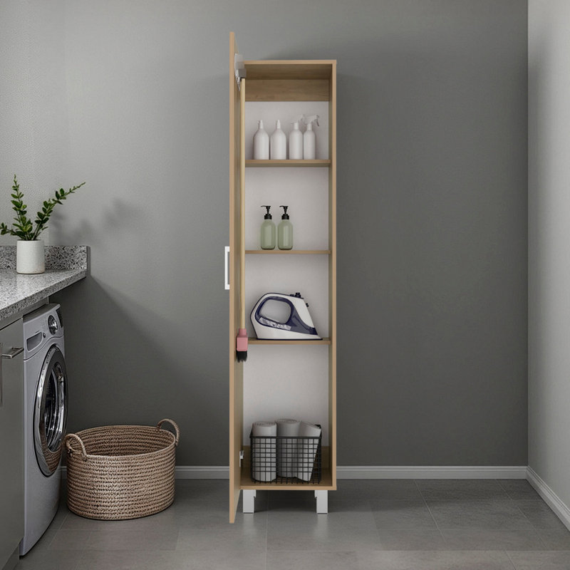 Armoire de rangement mince au fini chêne naturel, avec tablettes fixes pour la lessive et l'organisation utilitaire, H 70,9 po x l 15,7 po x P 12,2 po, utilitaire compact simplifié, construction moderne