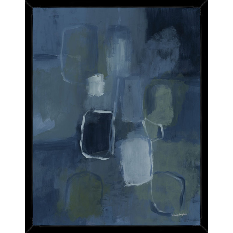 Abstrait bleu et gris, formes géométriques sur toile encadrée, Black, 28" H x 22" W
