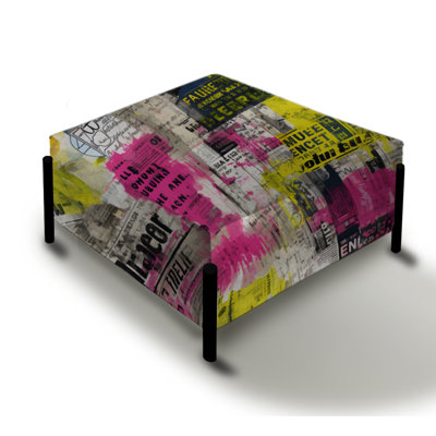 Poupart Neon Pink Newspaper Collage - Abstract Large Square Ottoman