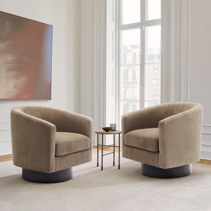 Applewold Upholstered Camel Corduroy Swivel Barrel Chair with Solid Wood Base, Camel Corduroy