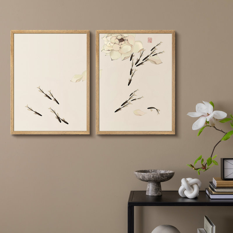 «Fishes In Lotus Pond», reproduction d'art encadrée, affiches, salle de bain, petit art mural, Naturel / naturel