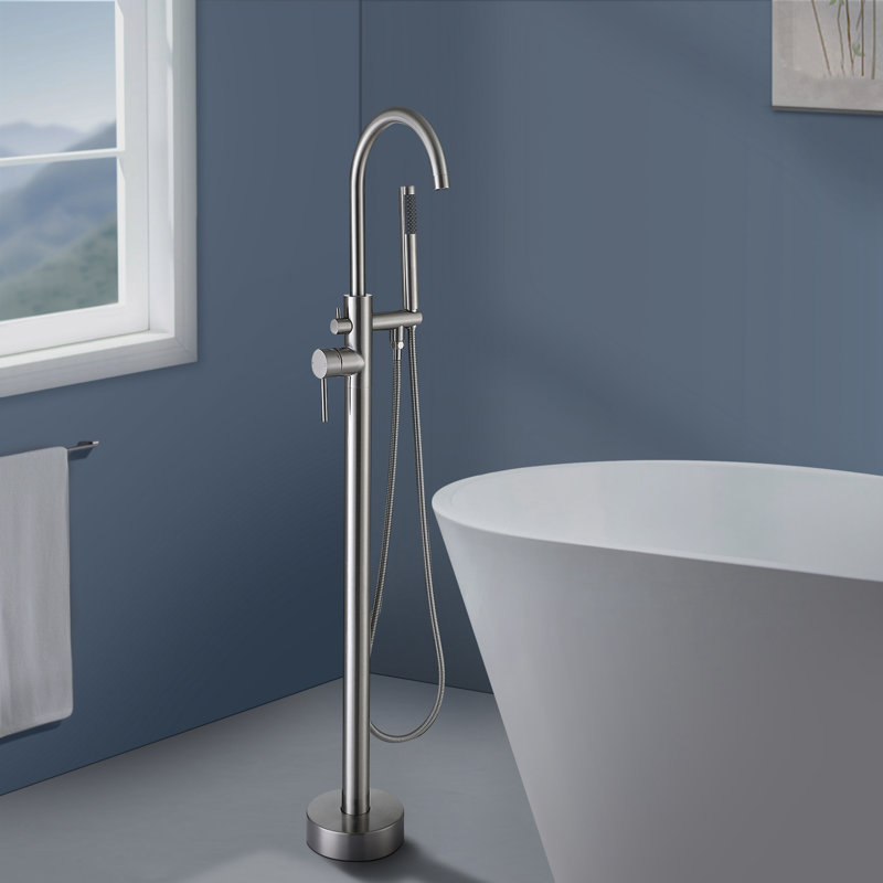 Topcraft Single Handle Floor Mounted Freestanding Tub Filler with Hand shower, Brushed Nickel