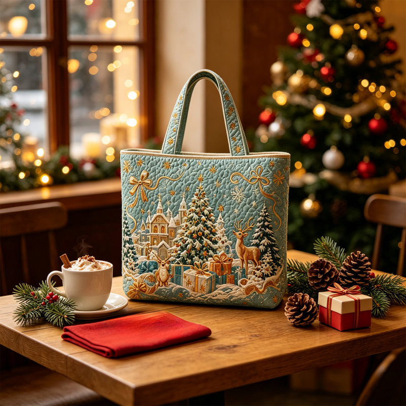 Sac fourre-tout imprimé de Noël, sac à bandoulière décoré pour les fêtes, Light Blue