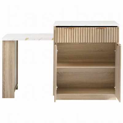 82.6" Fluted Kitchen Island with Extendable Dining Table for 4-6, Island Table for Kitchen with Power Outlet, Kitchen Table with Double-Side Storage, 2 Drawers 2 Side Open Shelves, Natural