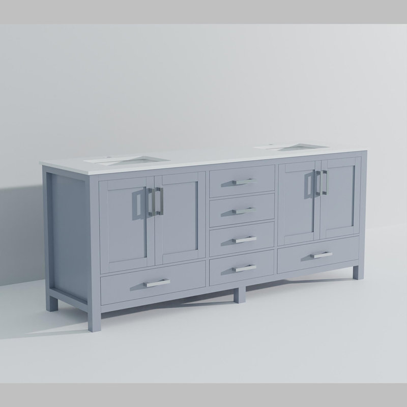 Double Bath Vanity with White Quartz Top, Dark Gray