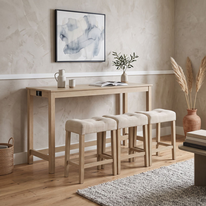 Ensemble de table de bar rustique 4 pièces avec station de recharge intégrée et tabourets de bar rembourrés de style selle