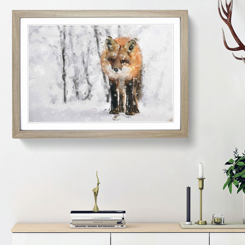 Red Fox in a Winter Forest in Abstract - Picture Frame Painting Print on MDF, 62cm H x 87cm W x 2cm D, Oak Framed