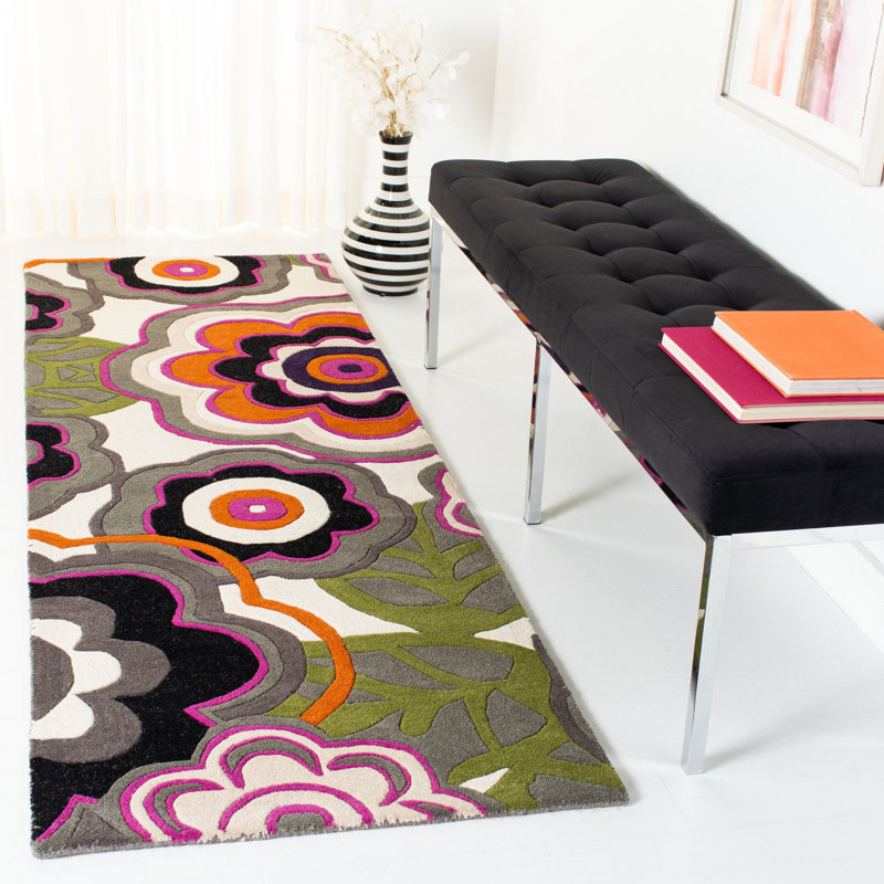 Tapis vert / gris / noir en laine touffeté à la main Candelo, Tapis de couloir 2 pi 6 po x 6 pi
