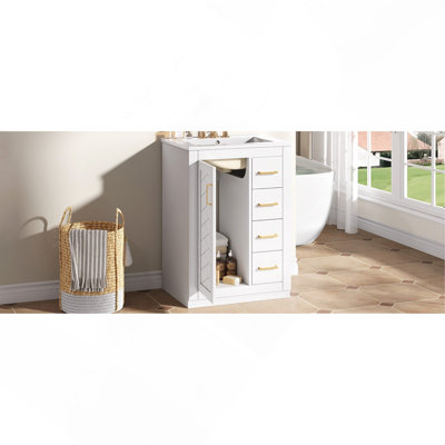 24" Bathroom Vanity with Integrated Ceramic Sink, Bathroom Cabinet with 1 Door, 3 Drawers, Single Sink Bathroom Vanity for Small and Medium Restroom, White