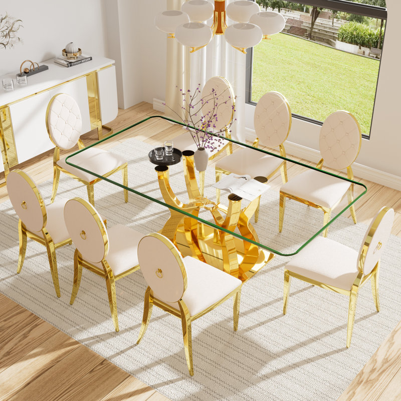 Ensemble de table de salle à manger rectangulaire en verre trempé avec chaise Luxtury, Beige, 7