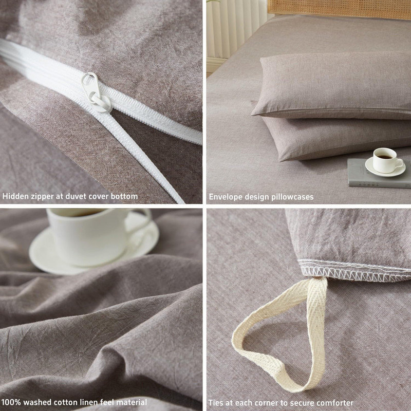 Ensemble de housse de couette 100% coton délavé Lifeetown, Housse de couette grand + 2 taies d'oreiller, Mauve / brun