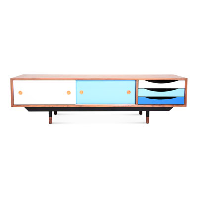 Meuble télé Retro 1955 en teinte bleue, placage de noyer naturel, pieds en acier inoxydable noir, pieds solides, tiroirs en bois laqué pour le salon principal