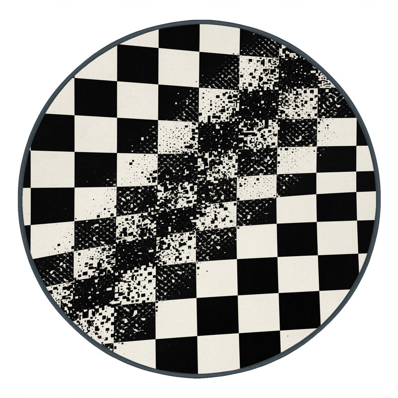 Machine Washable Paulett Modern Checkered Rug in Blue – Binding, 4' Round