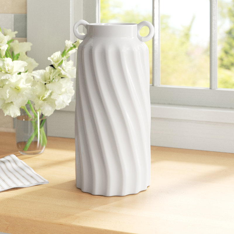 Maza Ellas White Ceramic Grecian-Inspired Fluted Jar Large