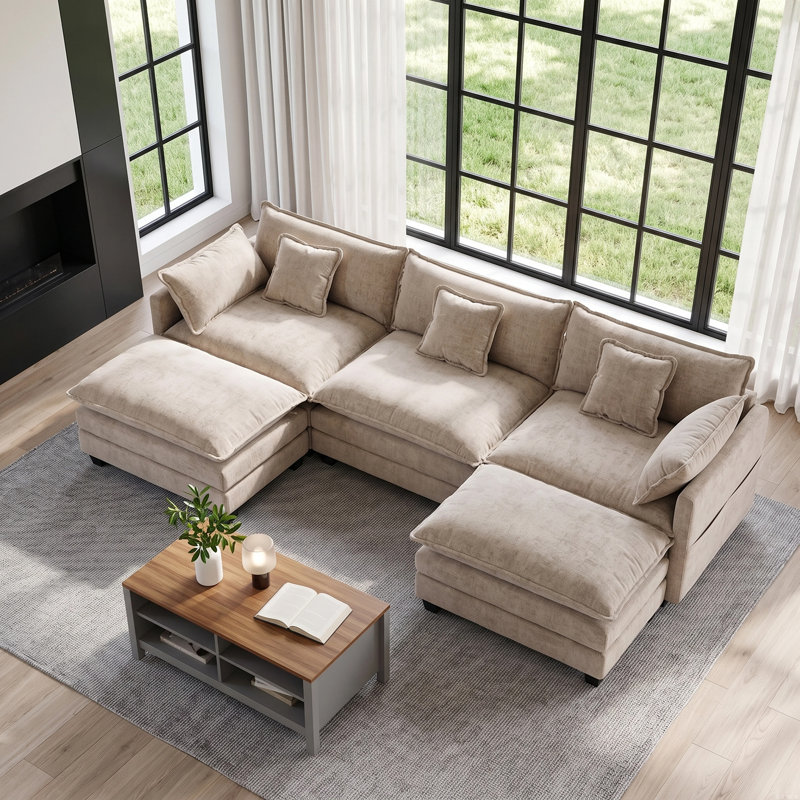 Canapé modulaire en U en chenille de 108 po de large avec 2 repose-pieds et coussins, Chenille beige
