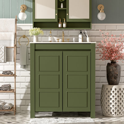 Meuble-lavabo de ferme 30 po avec lavabo en céramique, porte à fermeture en douceur, tablette réglable, armoire de rangement vert olive, structure en bois moderne, conception spacieuse et surface facile à nettoyer