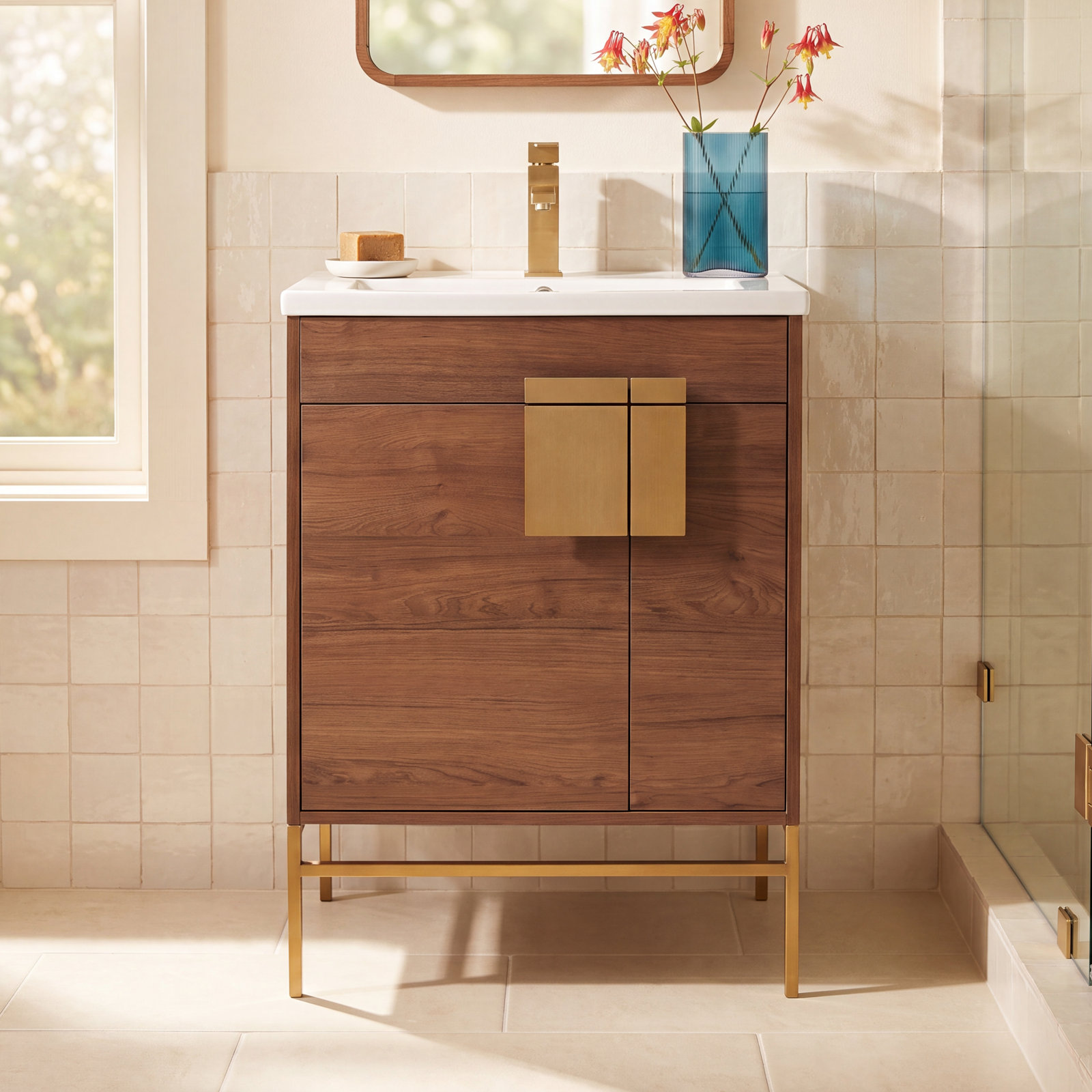 Maisie 24'' Single Bathroom Vanity, Satin Brass, Walnut