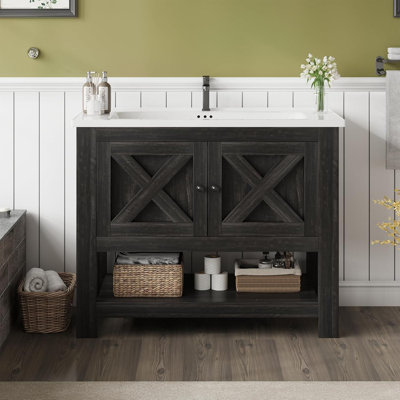 35" Farmhouse Bathroom Freestanding Vanity,with Ceramic Sink and Open Shelf