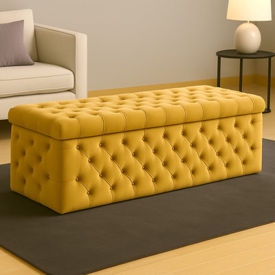 Lux Wide Velvet Chesterfield Rectangle Solid Color Standard Ottoman Box with Storage