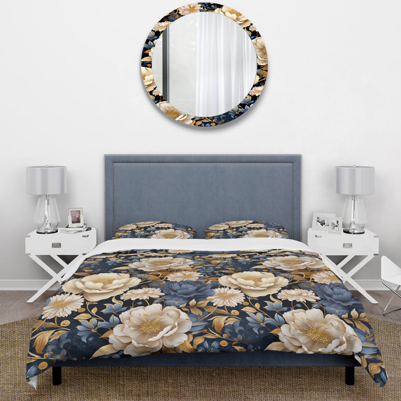 Blue And Beige Peonies Boho Pattern Duvet Cover, Twin Duvet Cover + 1 Standard Sham
