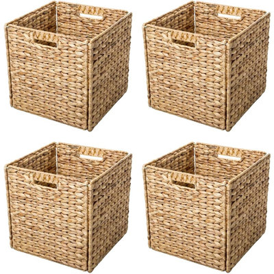Foldable Water Hyacinth Storage Baskets with Iron Wire Frame, Set of 4, Woven Organizer Bins for Bedroom, Laundry Room, Kitchen, and Shelving