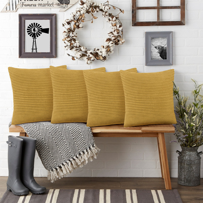 Shadwell Striped Square Scatter Crushed Velvet Cushion Cover, Ochre