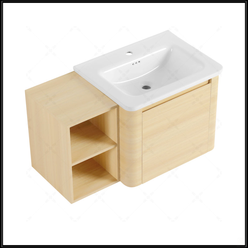 Meuble-lavabo mural avec lavabo en céramique blanche, tablettes de rangement et porte à fermeture en douceur, design élégant et écologique
