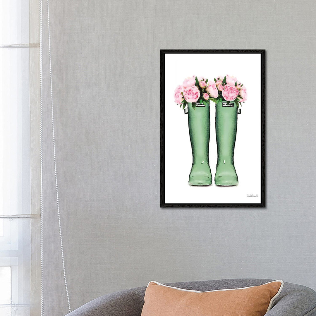 Leinwandbild Hunter Boots in Green & Pink Peonies von Amanda Greenwood