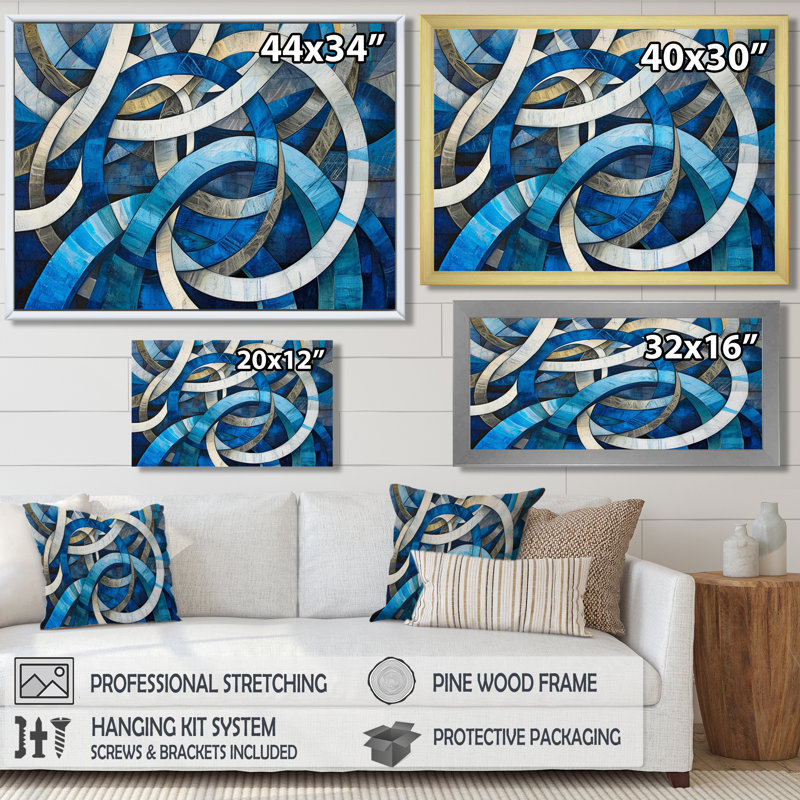 «Blue and White Whirling Rings II», art mural abstrait, Toile avec cadre flottant or, H 34 po x l 44 po x P 1,5 po