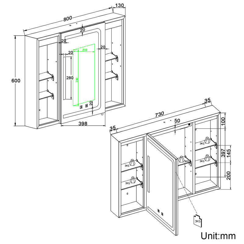 Daronda 800mm W 600mm H Frameless Medicine Cabinet Mirror 5 Adjustable