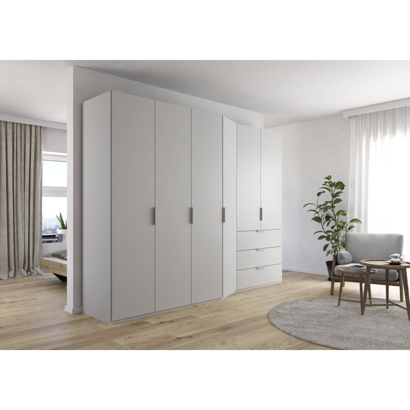 Wavero 5-6 Hinged Door Wardrobe in 3 colours 3 Drawer INCL. Delivey and Assembly, 223cm H x 247cm W x 60cm D, Silk Grey