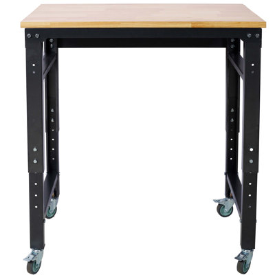 Workbench - 35" Wide Rolling Workbenches for Garage - Adjustable Height, Workshop Tool Bench, Metal with rubber Wood Top