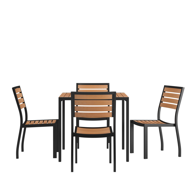 Agit Indoor/Outdoor Square Steel Framed Table with 4 Stackable Faux Teak Chairs, No Umbrella, No