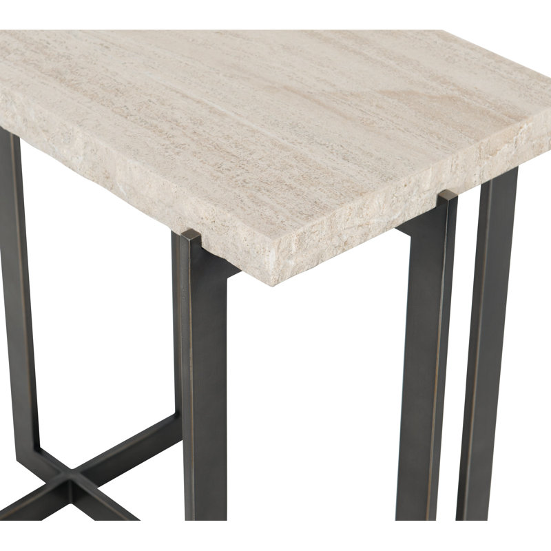 Transitional Brown and White Bar Height Side Table with Laminated Travertine Top