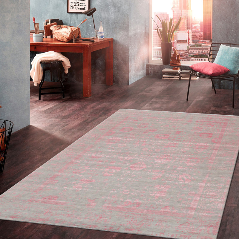 Tapis rose / gris en soie / laine / rayonne Abstract, Rectangle 9 pi x 11 pi 7 po