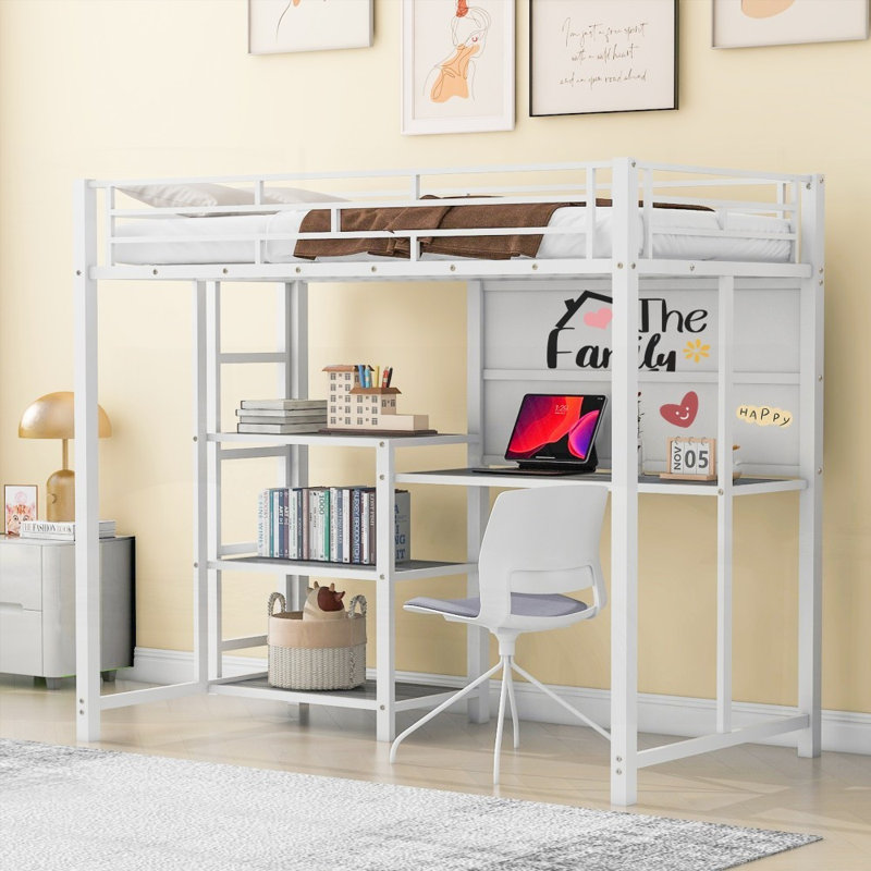 Lit mezzanine simple avec bureau et amp; Tableau blanc - Métal robuste, 3 tablettes Échelle, blanc, Lit simple, Blanc