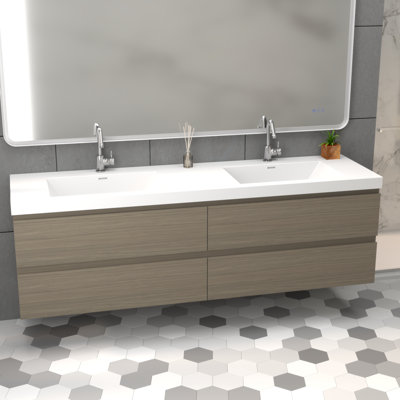 Meuble-lavabo mural 72 po avec 2 lavabos en pierre d'ingénierie en noir mat, 2 portes avec charnières à fermeture en douceur à 90 °, 2 tiroirs avec glissières à fermeture en douceur dissimulées, finition gris ciment, sans robinet ni drain