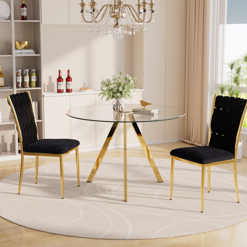 Ensemble de table de salle à manger en verre avec chaises rembourrées en velours, 3, Noir et or, Doré