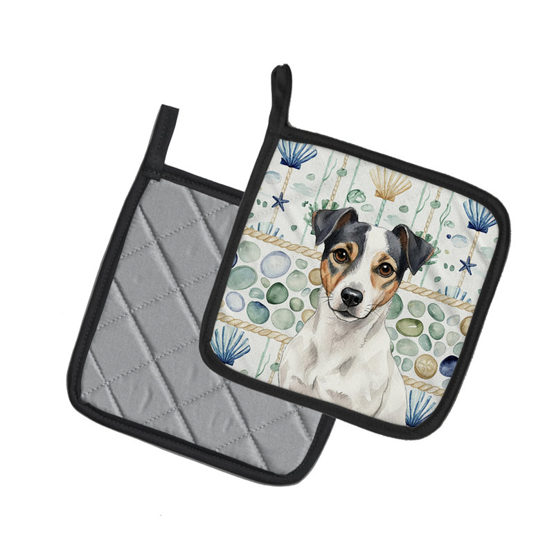 Paire de poignées en verre blanc et noir Jack Russell Terrier