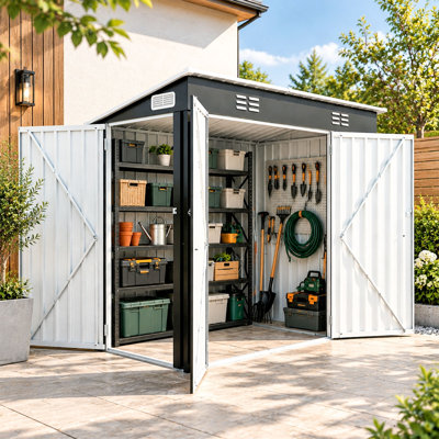 4x8 Metal Outdoor Storage Shed Utility Shed with 3 Access Doors & Vents for Garden Tools, Bikes, Patio Equipment Black
