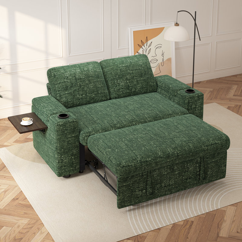 65 Inch Convertible Sofa Bed With Pull-Out Sleeper, Chenille Fabric, Adjustable Backrest, Hidden Storage Armrests With Cup Holders, Side Table & Charging Port