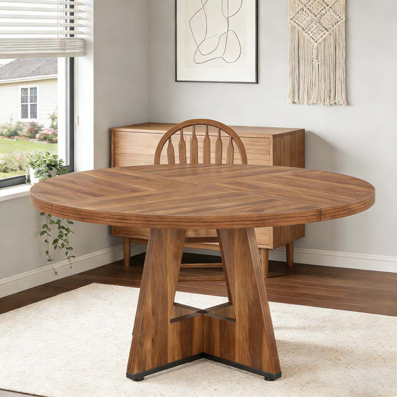 Wooden Round Dining Table Farmhouse Kitchen Dinner Table for 4, Retro Brown