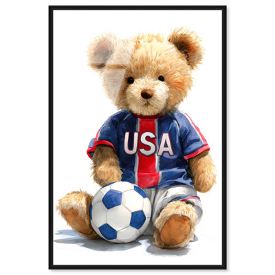 «Soccer Red Blue Teddy», reproduction murale encadrée par Art Remedy, cadre noir, 16 x 24