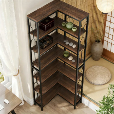 7-tier Hexagonal Wooden Corner Bookshelf – Freestanding Display & Vertical Storage Rack With Metal Frame, Space-saving For Living Room, Bedroom, Office