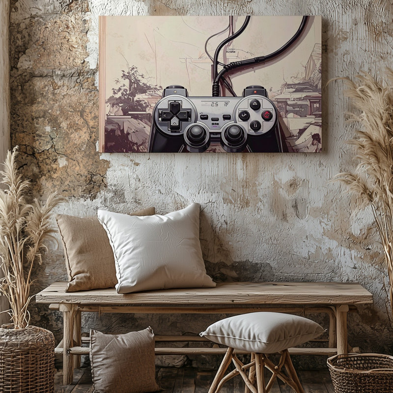 Toile, art mural rétro, console de jeu minimaliste, art de jeu noir et blanc, prêt à accrocher, H 18 po x l 24 po