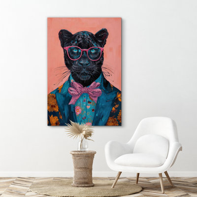 Bright Preppy Animals Fashion Leopard In Suits Pink Blue Bedroom Artwork Framed Canvas Print Wall Art