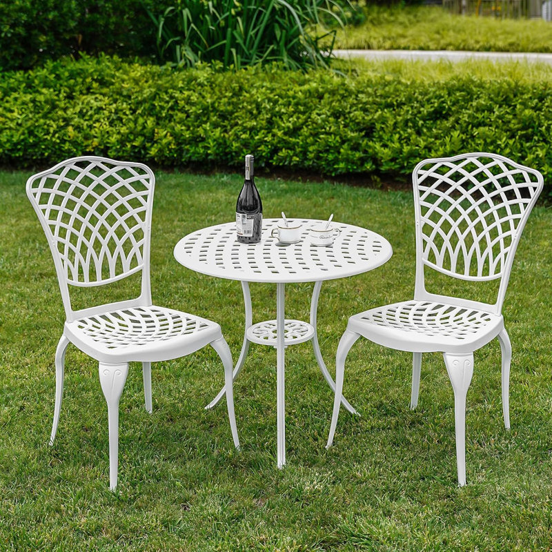 Patio Bistro Set Of 2, Cast Aluminum, Outdoor Set W/umbrella Hole, 3 Piece Table And Chairs Set, Bistro Set For Backyard/garden/lawn, White