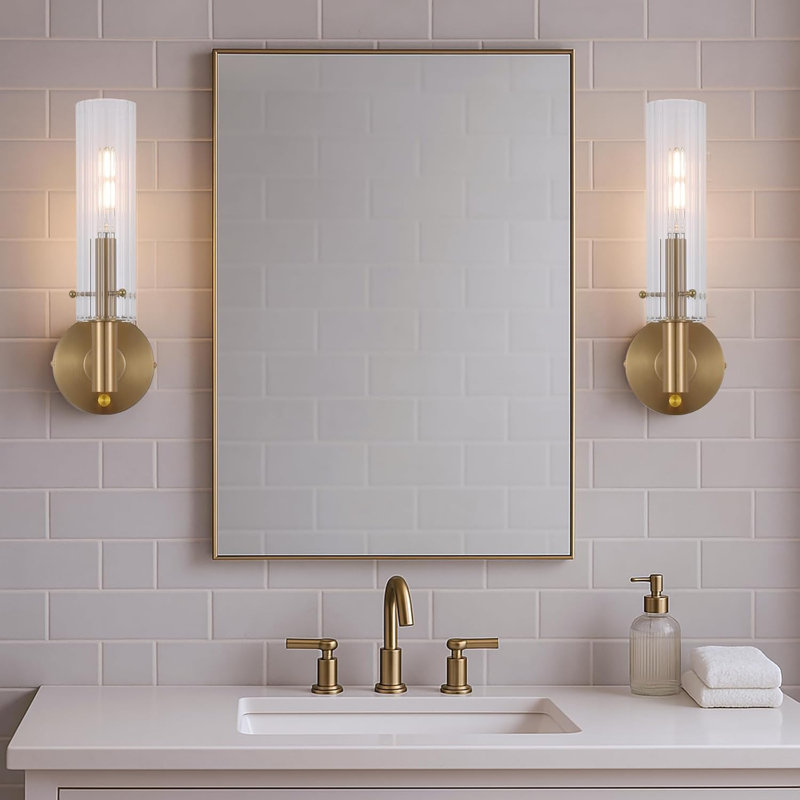 Modern Wall Sconce With Stepless Dimmer Switch, Brushed Brass Finish And Clear Striped Glass Shade For Bathroom Vanity, Living Room, Bedroom, And Hallway