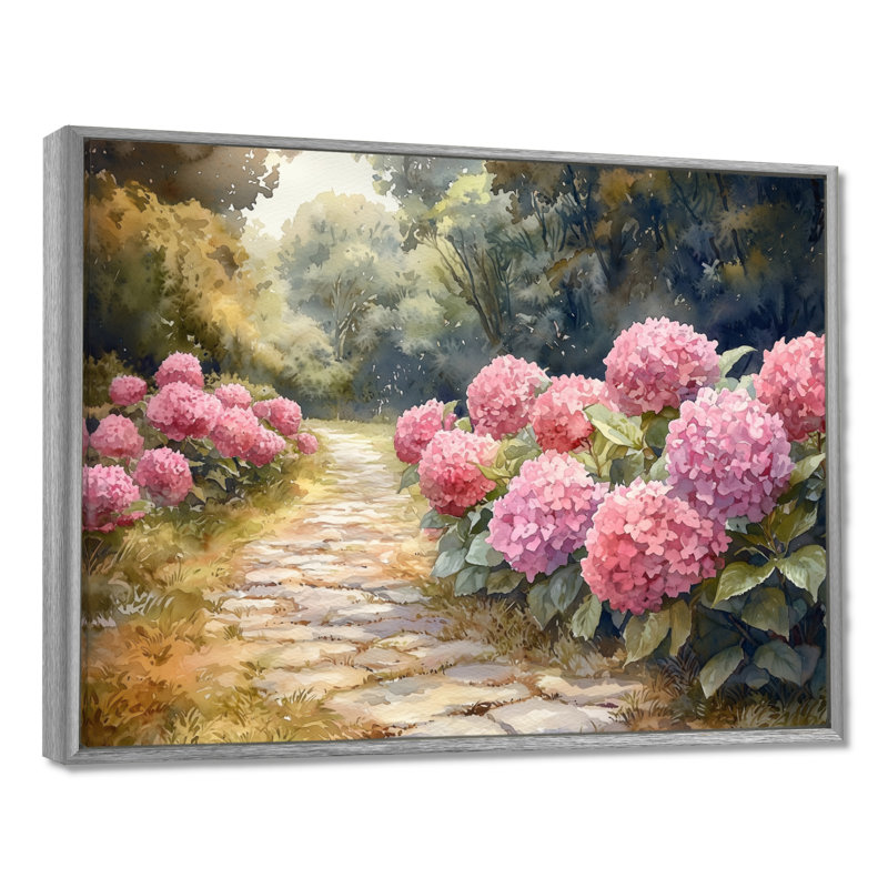 Hydrangeas By The Stone Path I - Hydrangea Wall Art for Living Room, Argent argent, Impression encadrée flottante